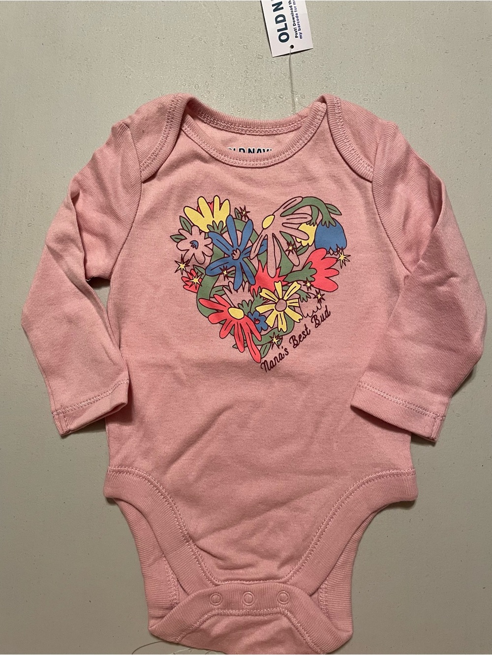 Old Navy Pink Long-Sleeve Floral Heart Baby Bodysuit Nana’s Best Bud NWT 0/3